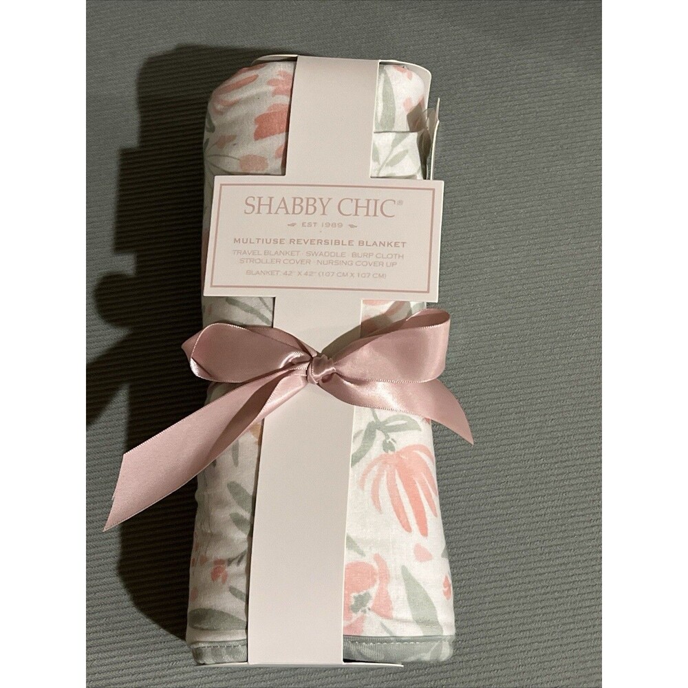 Shabby Chic Reversible Baby Blanket Floral Print Green Pink Soft Two Layers New